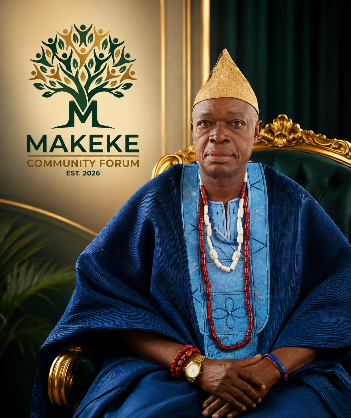HRH Wilson Oyedele, Osheku III, Oba of Makeke, seated in royal blue agbada with beaded regalia and a gold ceremonial cap